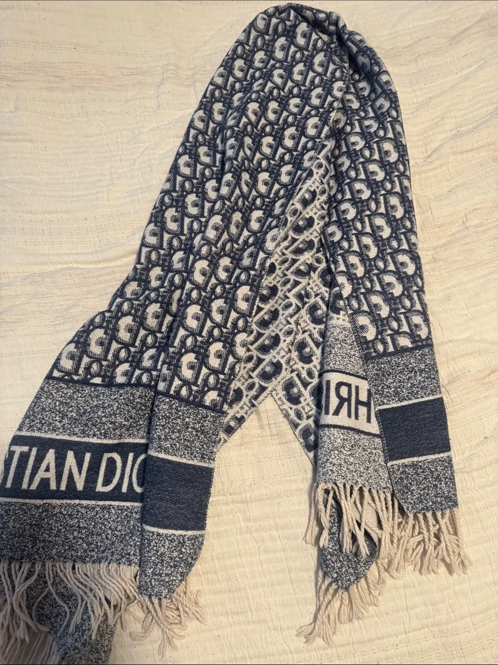 Dior Navy & Cream Logo Fringe Shawl